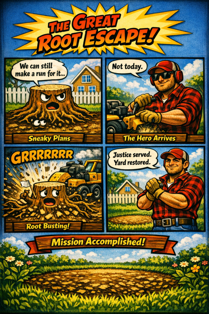 Here’s a fresh comic‑style post. 🪓 Mini Comic: “The Great Root Escape” Panel 1: A stump with cartoon eyes whispers to a root underground: “We can still make a run for it…” Panel 2: A heroic lumberjack overhears, smirks, and revs up the grinder: *“Not today.” Panel 3: GRRRRRRRRRR — roots scatter, wood chips fly, the stump waves a tiny white flag. Panel 4: The hero stands proudly beside a smooth patch of lawn: “Justice served. Yard restored.”