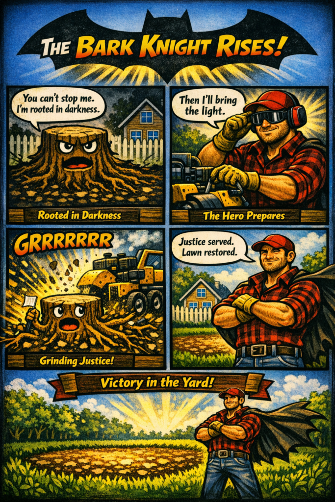 Here’s a comic‑style post. 🪓 Mini Comic: “The Bark Knight Rises” Panel 1: A massive stump looms in the yard, shadowed and dramatic: *“You can’t stop me. I’m rooted in darkness.” Panel 2: Our lumberjack hero flips down his goggles: “Then I’ll bring the light.” Panel 3: The grinder roars to life — GRRRRRRRRRR! — wood chips fly like sparks in a comic explosion. Panel 4: The hero stands tall, cape‑like flannel fluttering in the breeze: “Justice served. Lawn restored.”