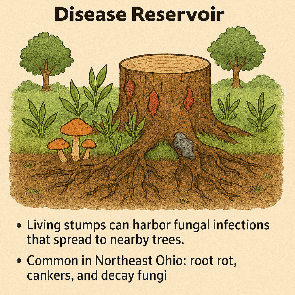 Disease Reservoir. Living stumps can harbor fungal infections that spread to nearby trees. - Common in Northeast Ohio: root rot, cankers, and decay fungi.
