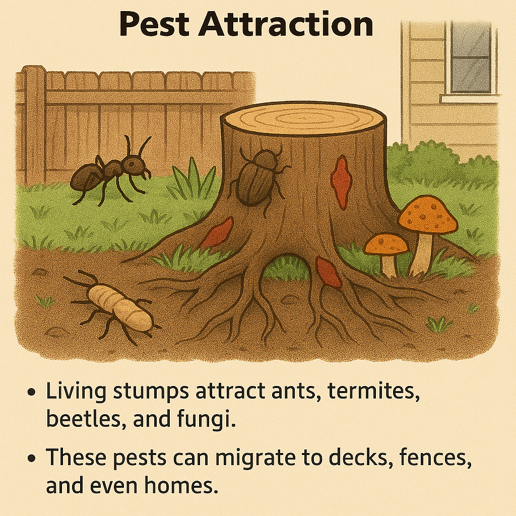 Pest Attraction. Living stumps attract ants, termites, beetles, and fungi. - These pests can migrate to decks, fences, and even homes.