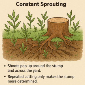 Shoots pop up around the stump.