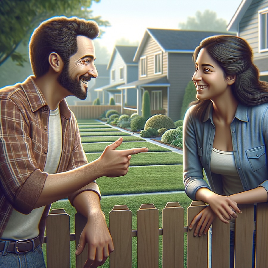 Two neighbors are chatting across their yards. Both are smiling or pointing to a section of the yard. Fences, driveways, or property lines are visible. A light, friendly atmosphere conveys the idea of ​​"we're doing this together." The idea of ​​cooperation with a neighbor.