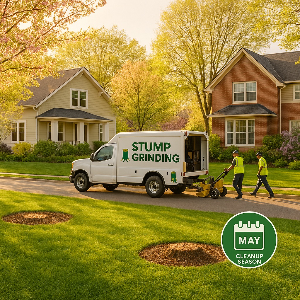 A wide neighborhood shot with lush spring foliage, soft golden light, and two homes sharing a property line. A branded stump‑grinding truck is parked out front, with workers moving equipment between the two yards. Subtle visual cues — a small “May Cleanup Season” badge on the truck or a calendar icon — reinforce the limited‑time offer. What You Save When You Team Up. When we handle two yards in one trip, we save time — and you save money. That’s why this **two‑yard stump grinding discount** is only available when neighbors book together. It’s efficient. It’s affordable. And it’s only available during our May spring cleanup season.
