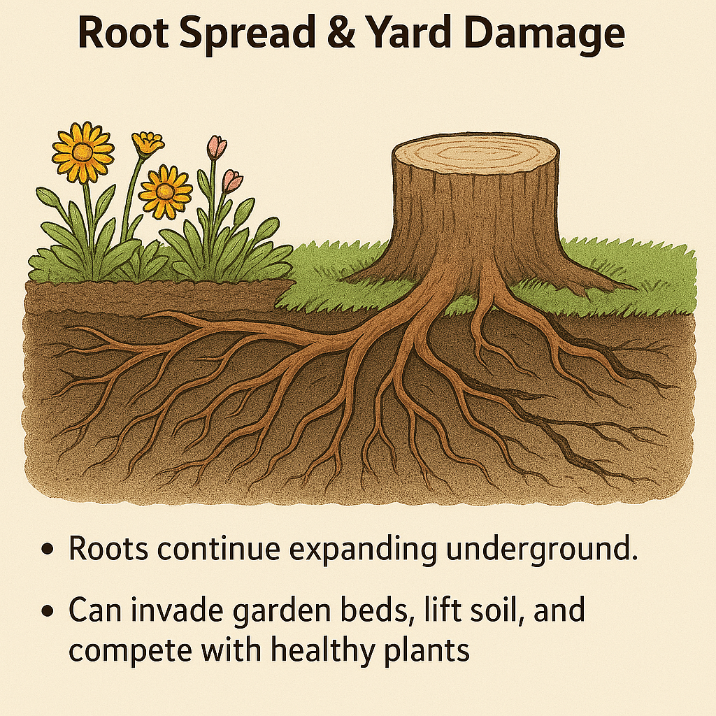 Why Living Stumps Are a Problem: Root Spread & Yard Damage. Roots continue expanding underground. - Can invade garden beds, lift soil, and compete with healthy plants.