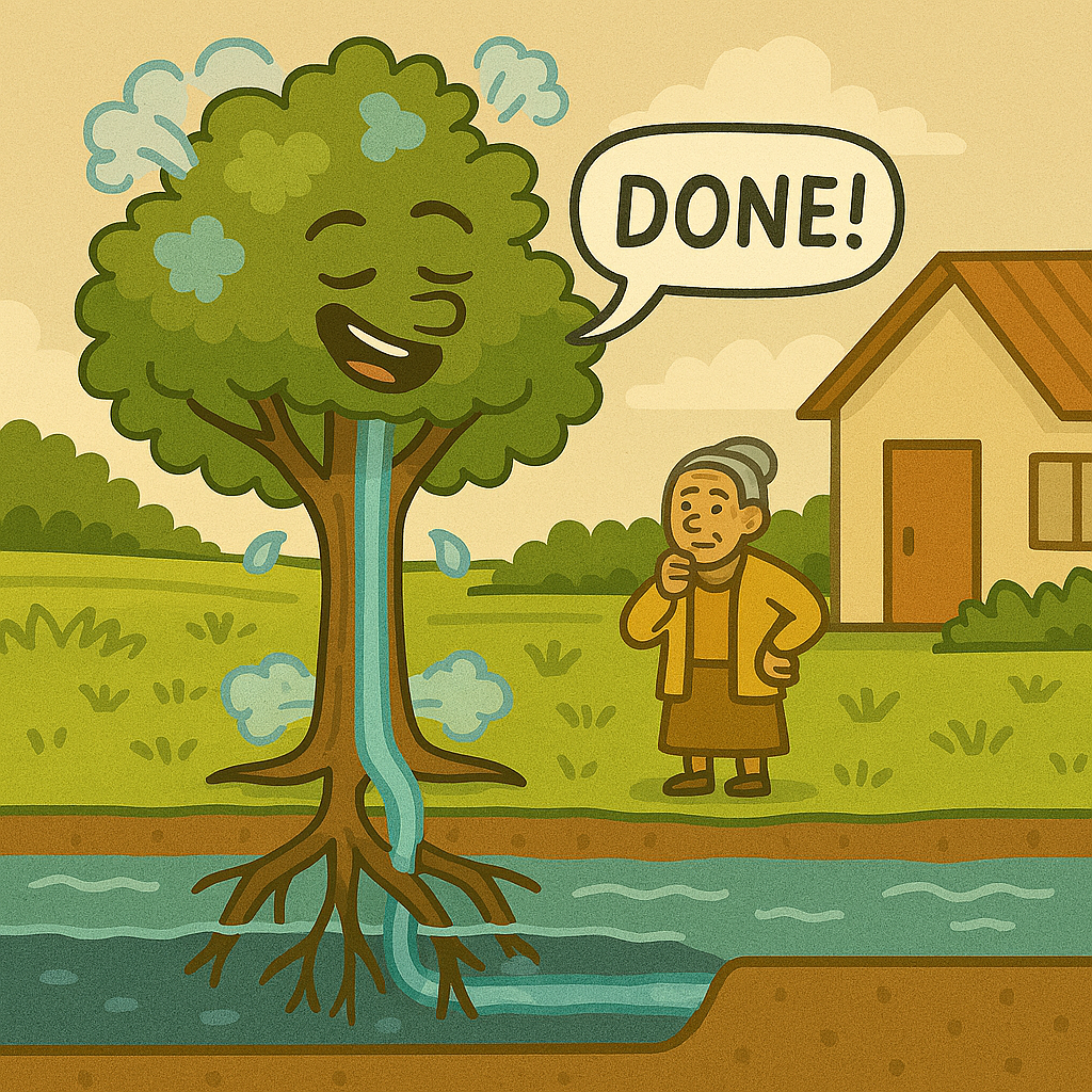 Marv drank and drank until he felt like a giant wooden straw stuck in a giant muddy milkshake. The water rushed up his trunk like it was late for a meeting, shot into his leaves, and *poof* — evaporated into the sky like it had somewhere better to be.