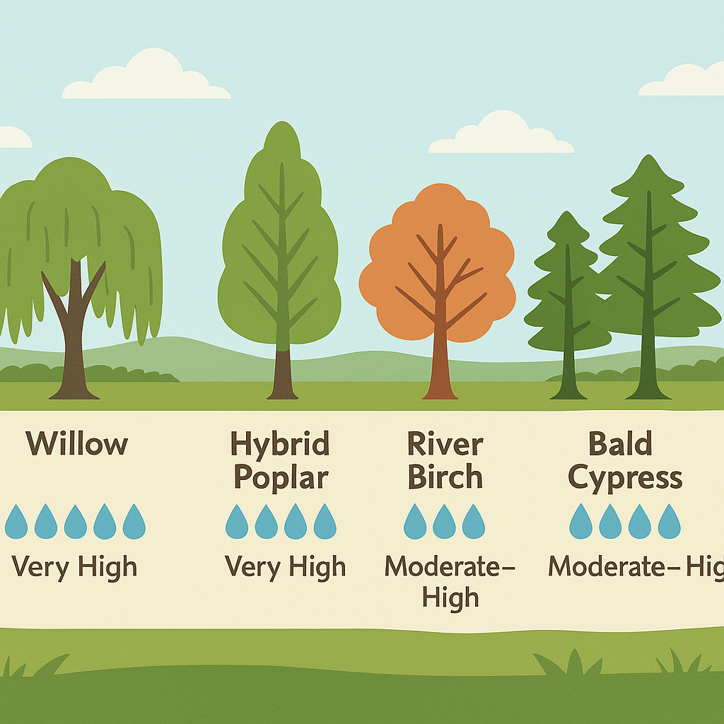 Trees are unmatched in their ability to move water. A single mature, high‑water‑use tree can evaporate **tens of gallons of water a day** through its leaves. No pump, pipe, or drain works as quietly or as continuously. Their deep roots pull moisture from saturated soil, and their broad canopies release it back into the air — turning excess groundwater into clean vapor. This natural process is why biodrainage succeeds where traditional drainage systems often fall short.