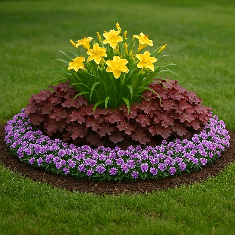 A raised, layered perennial bed is the most natural fit. The ground already sits slightly higher from the mulch and root grindings, so you can shape it into a soft dome or oval and plant in tiers. This creates a bed that looks intentional rather than like a patched over problem area.