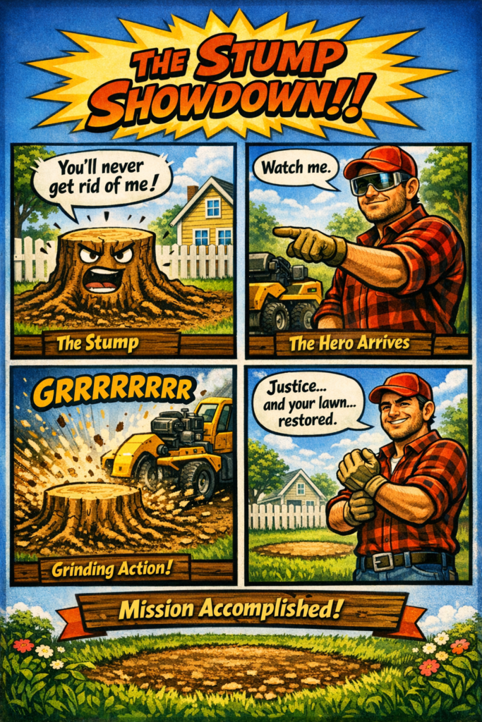 Here’s a very short, punchy comic‑style mini‑story about grinding down a stump — fast, fun, and perfect for a post: 🦸‍♂️🪓 Mini Comic: The Stump Showdown Panel 1: The stump stands in the yard like a tiny villain: *“You’ll never get rid of me!”* Panel 2: Our hero rolls in with the grinder: “Watch me.” Panel 3: GRRRRRRRRRR — wood chips fly everywhere. Panel 4: The stump is gone. The hero dusts off their gloves: “Justice… and your lawn… restored.”