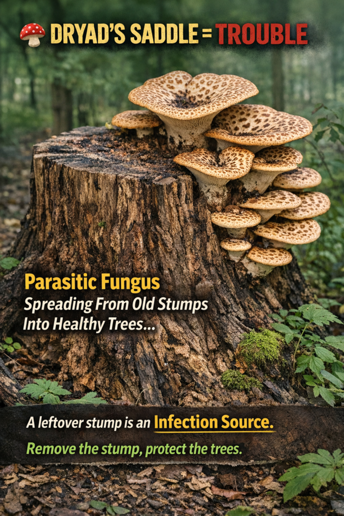 Dryad’s saddle (also called pheasant’s back) may look charming on a stump—but its presence is a warning sign. This fungus is a parasite that spreads from decaying stumps into living trees, slowly eating away their heartwood and leaving them structurally weak.