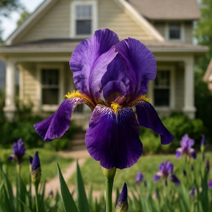 An iris is blooming where the stump was removed.
