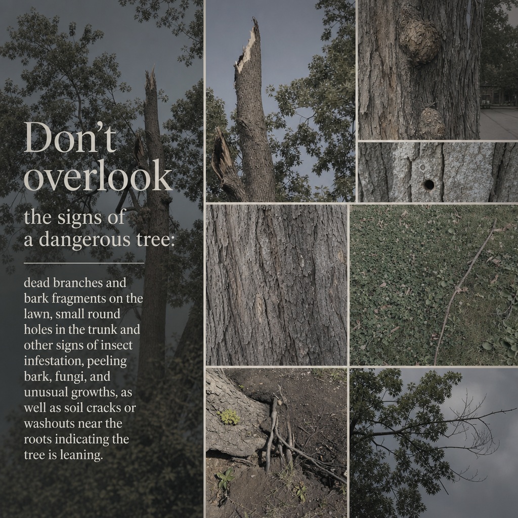 Dead branches dropping unexpectedly Peeling or missing bark Mushrooms or fungi growing on the trunk or roots Sticky honeydew or black sooty mold Small round holes from insect feeding Cracked or shifting soil around the base A new lean that wasn’t there before Any of these can indicate a dangerous tree, and several together often mean the tree is at risk of falling.