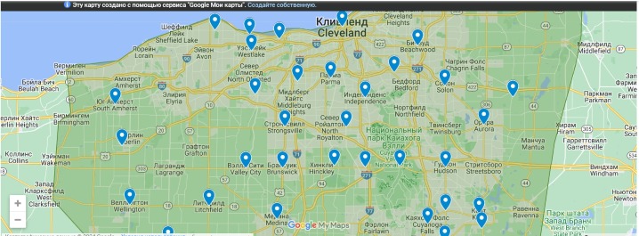 Just Stump It service zone map outlining stump‑grinding coverage across Cleveland and surrounding neighborhoods.