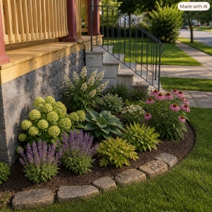 Design plan for a flowerbed to replace the tree stumps next to the foundation and porch.