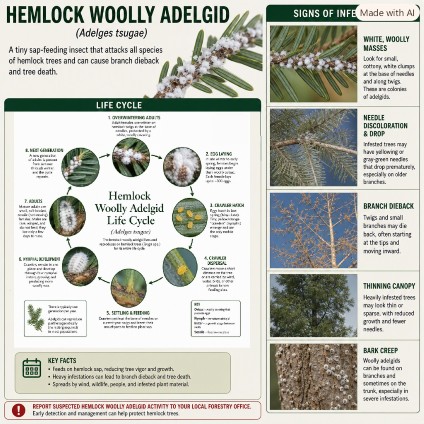 Hemlock woolly adelgid white egg sacs on hemlock branch.