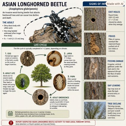 Asian longhorned beetle with distinctive long antennae on tree trunk.