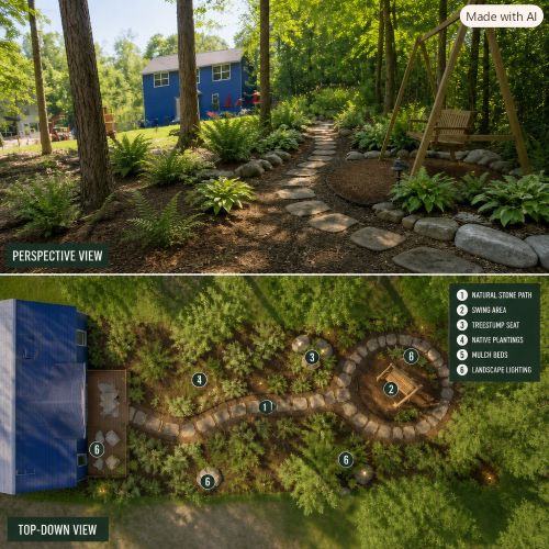 Open clearing ideal for a defined feature zone. Opportunities. - Natural tree canopy creates a cozy, shaded microclimate - Clearing provides a blank canvas for seating, fire pit, or garden beds - Wood chips can be repurposed as mulch or compost.