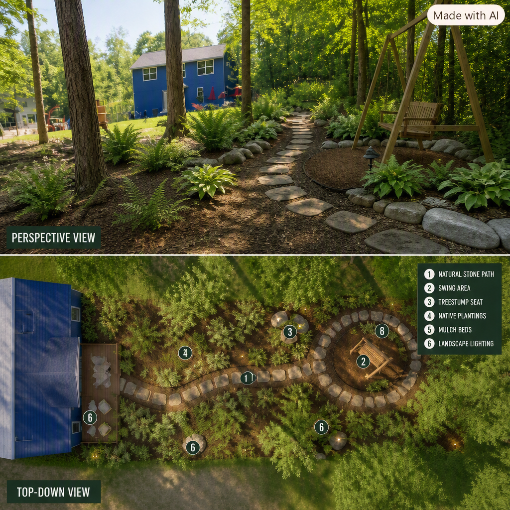 Open clearing ideal for a defined feature zone. Opportunities. - Natural tree canopy creates a cozy, shaded microclimate - Clearing provides a blank canvas for seating, fire pit, or garden beds - Wood chips can be repurposed as mulch or compost.