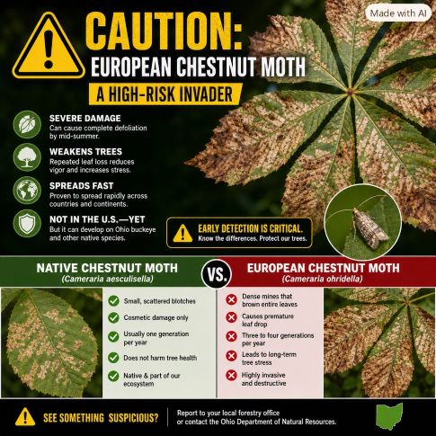 How can you avoid overlooking a dangerous pest? Key Differences. Damage severity. Native species: small, scattered blotches; cosmetic only. European species: dense, overlapping mines that brown entire leaves. Impact on tree health. Native species: no measurable harm. European species: repeated defoliation and long term stress. Generations per year. Native species: typically one. European species: three to four. Spread pattern. Native species: stable, controlled by natural predators. European species: invasive, explosive expansion. Regulatory status. Native species: not monitored; not a pest. European species: high risk exotic pest; USDA watchlisted.