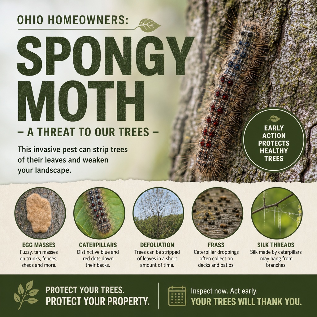 Spongy moth egg masses appear as fuzzy, yellowish-brown clusters on tree trunks, fences, sheds, and garden furniture. You may also notice their droppings accumulating on decks and patios.