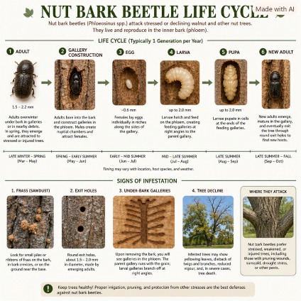 Life cycle of walnut bark beetles and signs of infestation.