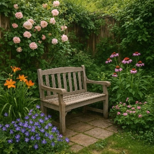 A bench in the courtyard instead of a tree stump.