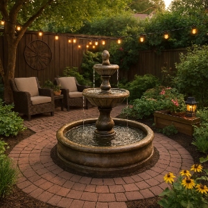 A fountain adorns the courtyard better than a tree stump.
