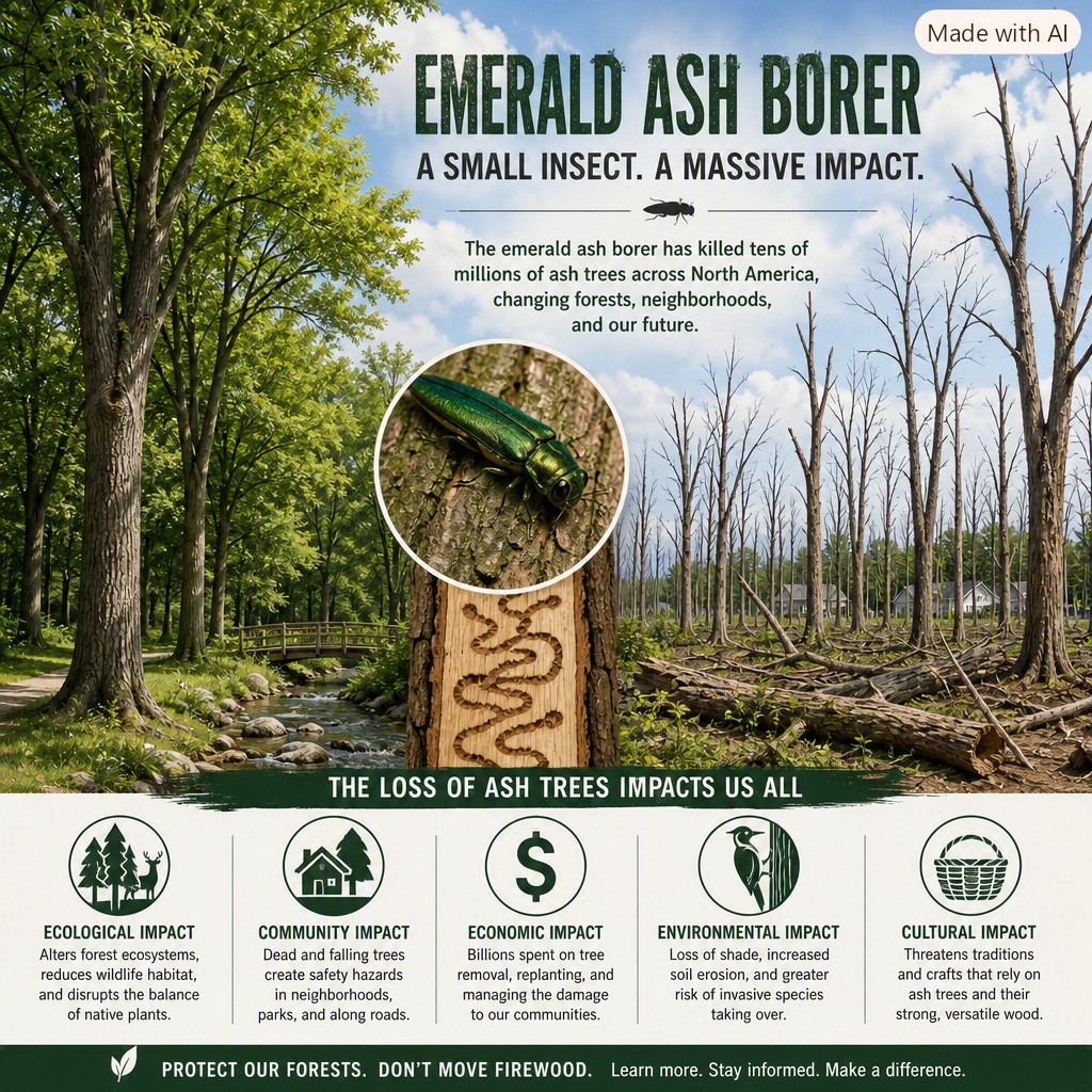 The ash borer beetle is a metallic-green wood‑boring insect native to East Asia. Adults are slender, about ½ inch long, with a bright emerald sheen and a copper‑red abdomen. Although the adults feed on ash leaves, the real damage comes from the larvae. After hatching, larvae burrow beneath the bark and feed on the tree’s phloem and outer sapwood, carving distinctive S‑shaped galleries that disrupt the tree’s ability to transport water and nutrients. This internal damage eventually girdles and kills the tree. Signs of Infestation: Ash trees often decline slowly, making early detection difficult. Key symptoms include: Dead branches near the top of the tree. Vertical bark cracks. Excessive sprouting along the trunk. D‑shaped exit holes left by emerging adults. S‑shaped larval tunnels beneath the bark. Increased woodpecker activity, as they feed on larvae beneath the bark.