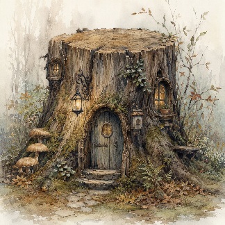A tree stump, like a house. With little windows and a door. Someone lives inside.