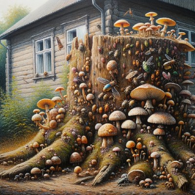 Within days, the stump became a battlefield. Fungi surged upward in thick mats, spreading spores like smoke. Insects charged in waves — ants, beetles, hornets, termites — each species fighting for territory. The stump shook with the force of it, vibrating like something alive. Reinforcements arrived constantly: new mushrooms bursting from the soil, fresh swarms pouring in from the trees.