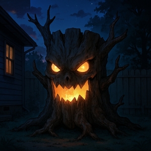 Two glowing eyes set deep in the stump’s dark center, staring back at the house with a hunger older than the tree itself.